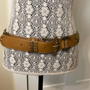 Betsy Johnson tan leather belt with gold studs, size M/L, 42” long